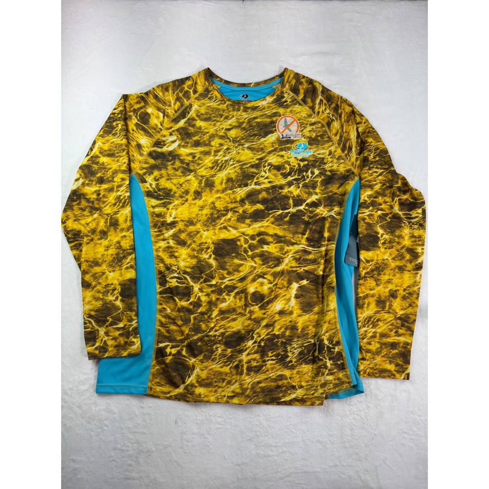Mossy Oak Elements Agua Fishing Shirt Mens 2XL Yellow Blue No Fly Zone NWT